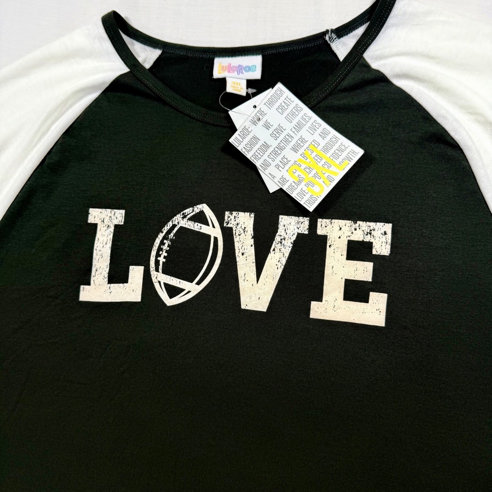 LuLaRoe Randy Football Love Graphic Tee 3XL Black White 3/4 Sleeve Raglan NWT